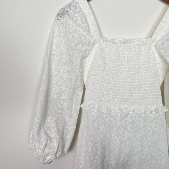Veronica Beard Revolve Denise Smocked Long Sleeve Eyelet Mini Dress Off White 4 - Picture 6 of 14